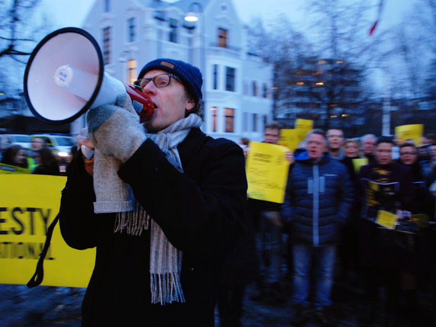 Demonstratie in de Noorse hoofdstad Oslo voor de bevrijding van de Raif Badawi, die in Saudi-Arabië tot tien jaar cel en duizend zweepslagen veroordeeld is