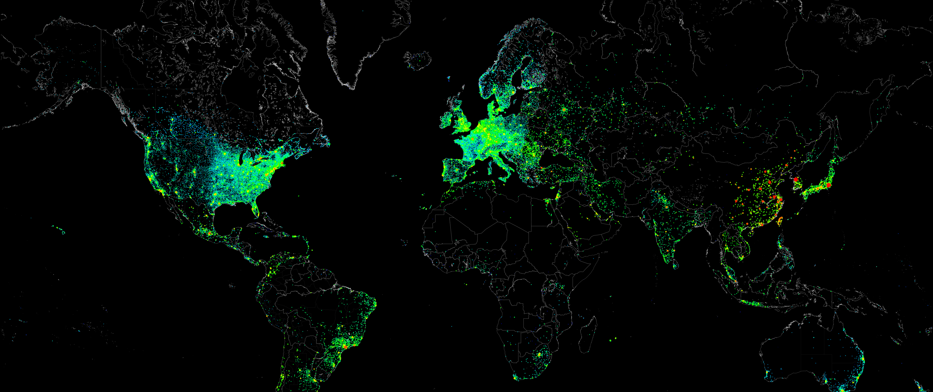 Een wereldkaart uit 2012 met de verspreiding van slecht beveiligde, op het internet aangesloten computers