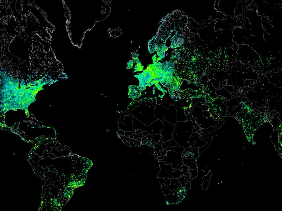 Een wereldkaart uit 2012 met de verspreiding van slecht beveiligde, op het internet aangesloten computers