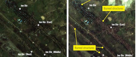 Satellietbeelden van Inn Din in de staat Rakhine, Myanmar
