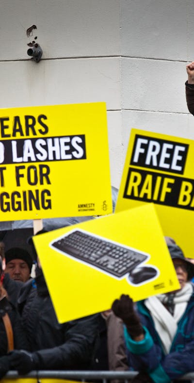 Demonstratie voor de vrijlating van blogger Raif Badawi