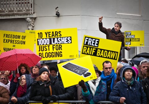 Demonstratie voor de vrijlating van blogger Raif Badawi