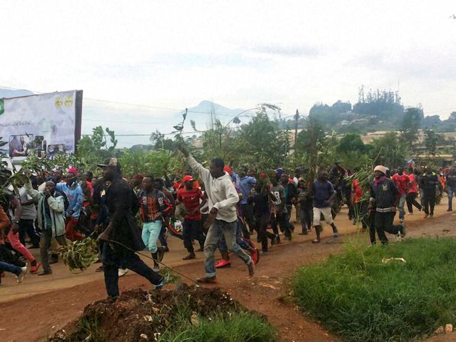 Demonstranten protesteren tegen de vermeende discriminatie van de Engelssprekende bewoners van Kameroen door de Franssprekende bevolking.