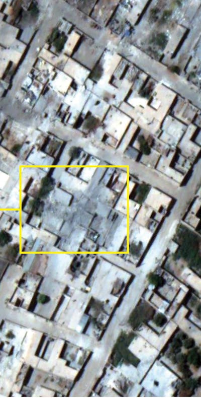 Verwoeste huizen in Raqqa, Syrië, na aanslagen in augustus 2017.