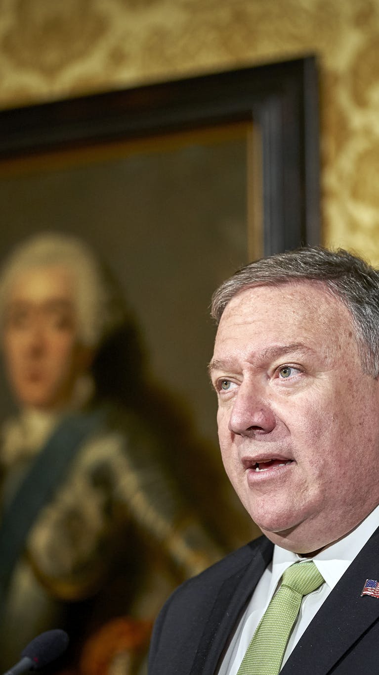 U.S. Secretary of State Mike Pompeo and Dutch Foreign Minister Stef Blok talk to reporters after a meeting in The Hague, Netherlands, Monday, June 3, 2019. (AP Photo/Phil Nijhuis)
