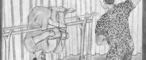 Tekening van een marteling in een Eritrese gevangenis.