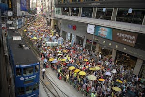 Protest op 28 april 2019 in Hongkong tegen de plannen voor een nieuwe uitleveringswet