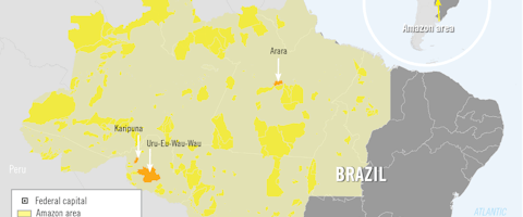 De Amazone in Brazilie, met inheemse gebieden in geel en gebieden waar Amnesty begin 2019 onderzoek deed in oranje.