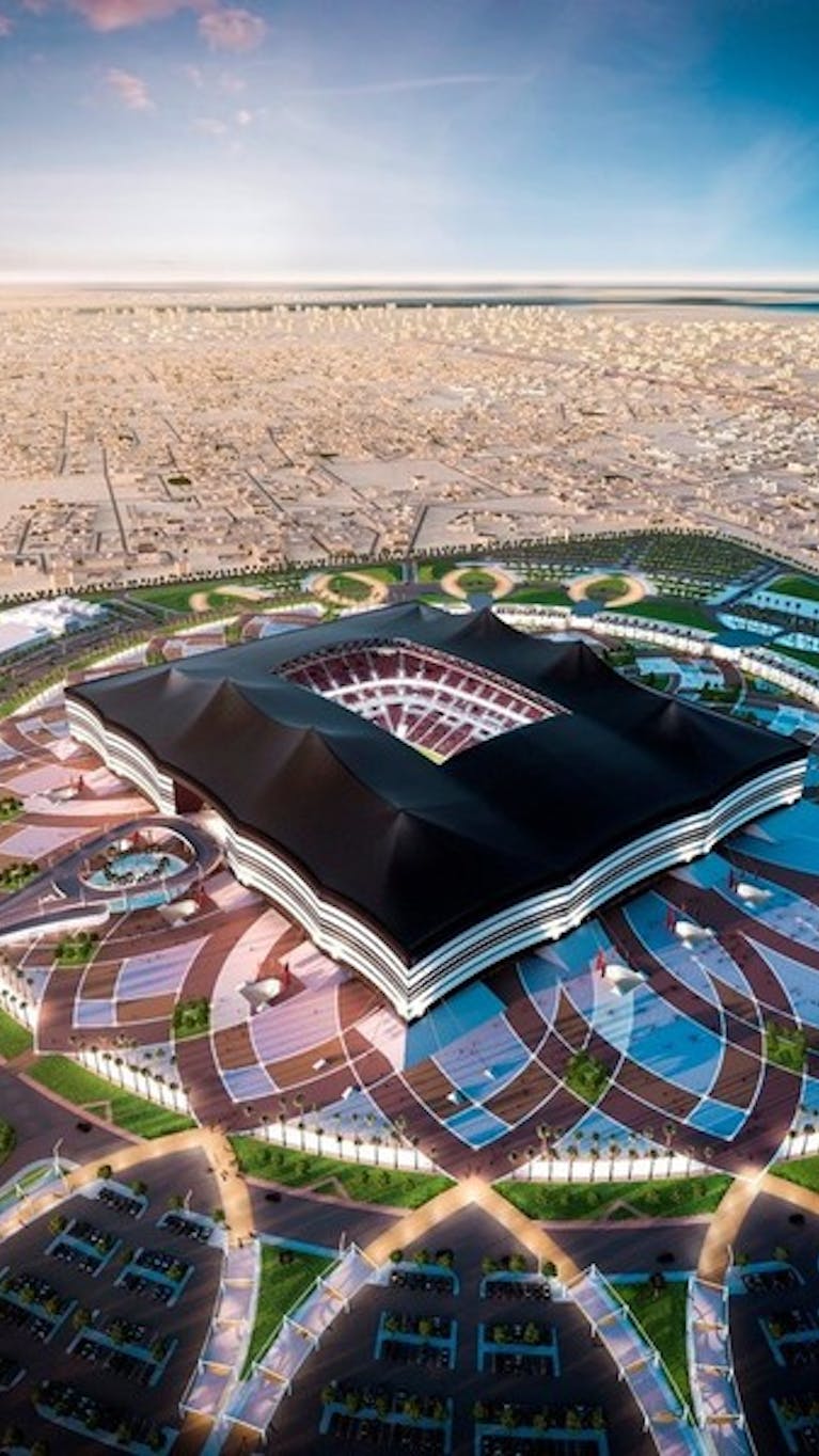 Artists impression van het Al Bayt-voetbalstadion in Qatar waar in 2022 gespeeld wordt tijdens het WK voetbal.