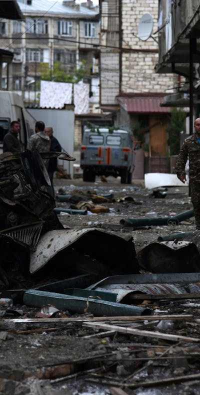 Oorlog tussen Armenië en Azerbeidzjan om de enclave Nagorno-Karabach in de hoofdstad Hier de gevolgen daarvan in de hoofdstad Stepanakert, 4 oktober 2020
