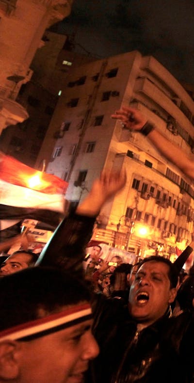 Demonstratie op het Tahrirplein in de Egyptische hoofdstad Caïro op 11 februari 2011, nadat was bekendgemaakt dat president Mubarak was afgetreden.