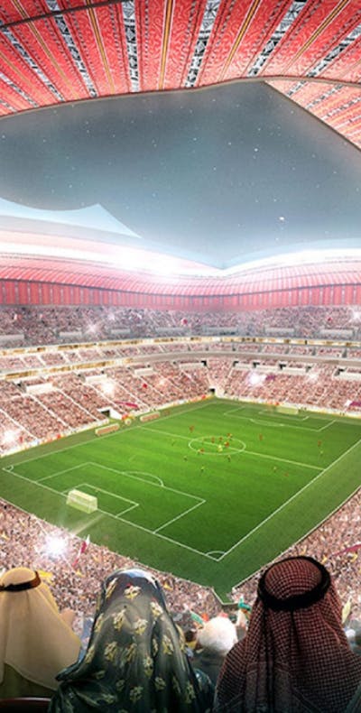 Artists impression van het Al Bayt-voetbalstadion in Qatar waar in 2022 gespeeld wordt tijdens het WK voetbal.