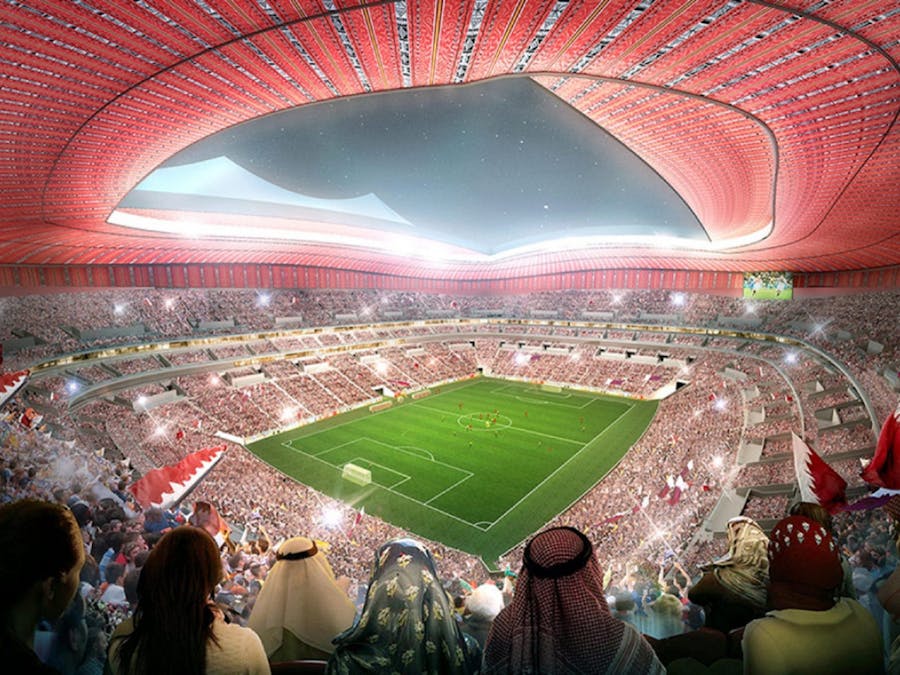 Artists impression van het Al Bayt-voetbalstadion in Qatar waar in 2022 gespeeld wordt tijdens het WK voetbal.
