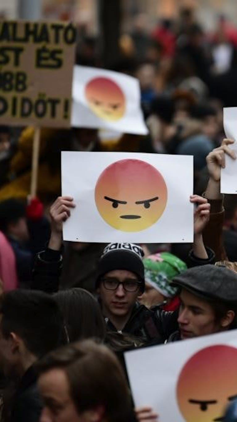 Studenten protesteren voor het parlementsgebouw in Budapest tegen het onderwijsbeleid van de regering Orbán, 19 januari 2018.