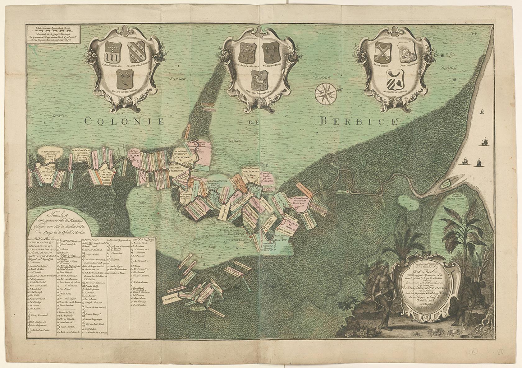 Plattegrond van Berbice, met wapens en namen van Nederlandse plantage-eigenaren. Ets en gravure door Jan Daniël Knapp, 1742.