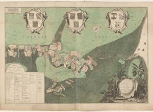 Plattegrond van Berbice, met wapens en namen van Nederlandse plantage-eigenaren. Ets en gravure door Jan Daniël Knapp, 1742.