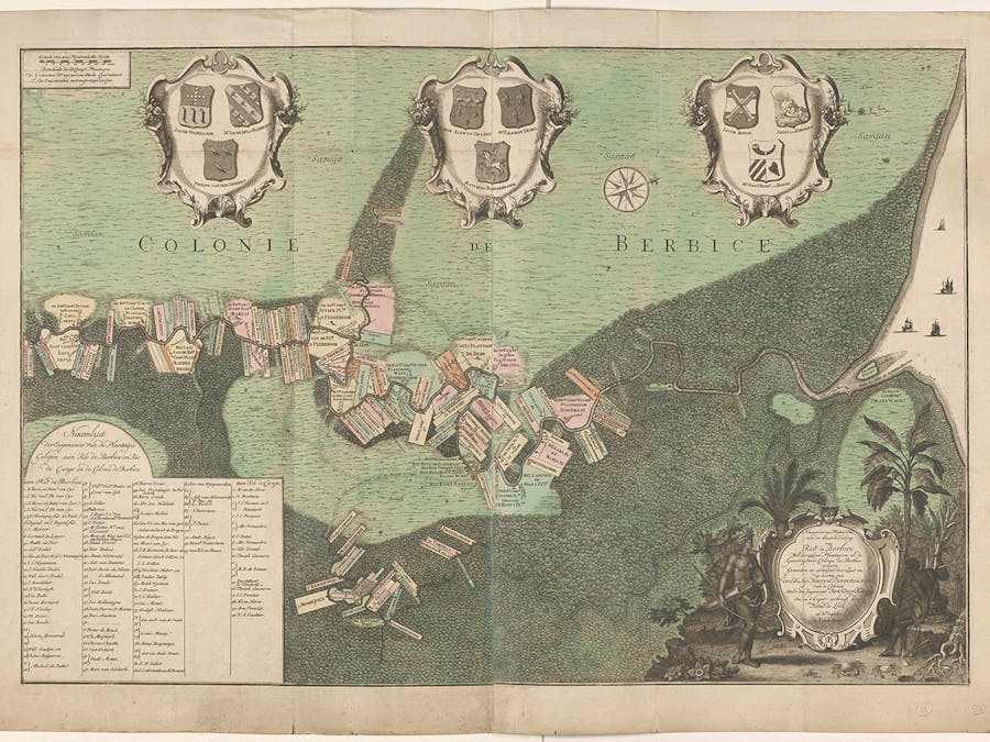 Plattegrond van Berbice, met wapens en namen van Nederlandse plantage-eigenaren. Ets en gravure door Jan Daniël Knapp, 1742.