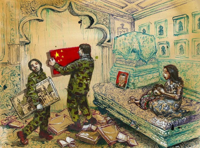 Chinese functionarissen verwijderen religieuze en culturele onderwerpen in een huis