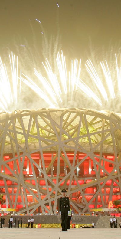 Vuurwerk tijdens de openingsceremonie van de Olympische Spelen in Beijing in 2008.