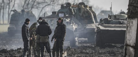 Russische militairen aan de oostgrens met Oekraïne, 22 februari 2022