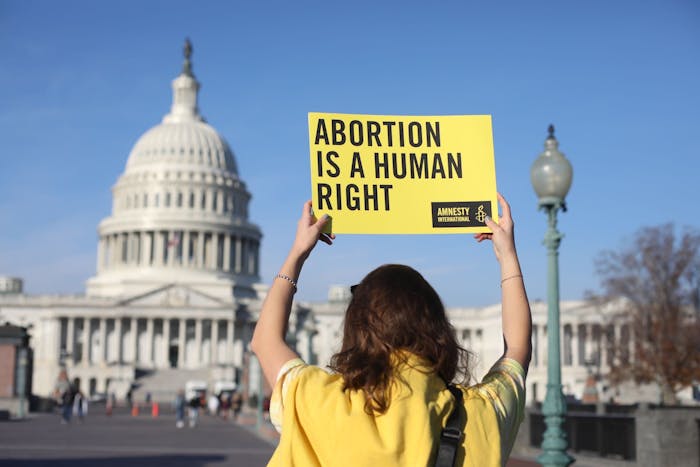 Amnesty International demonstreert bij het Hooggerechtshof van de Verenigde Staten tegen het aanstaande intrekken van het recht op abortus