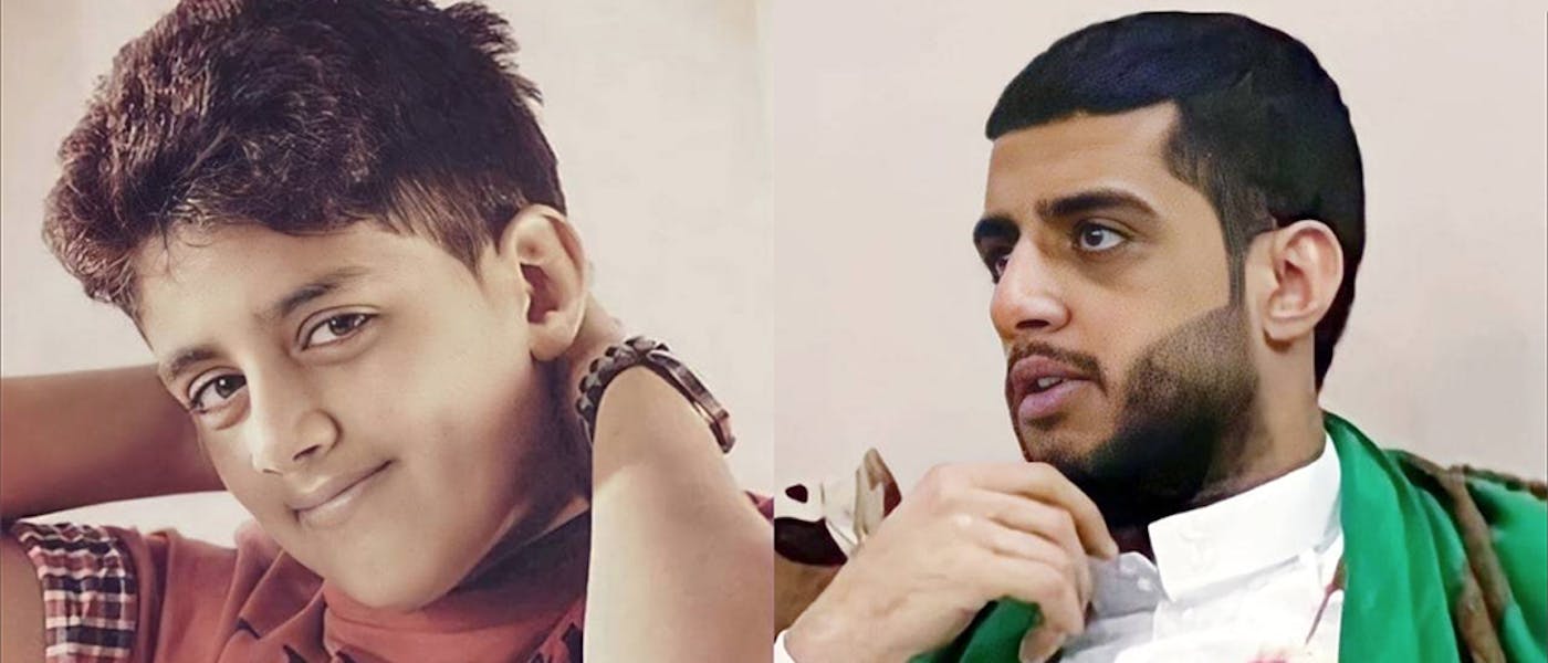 Murtaja Qureiris, de jongste politieke gevangene van Saudi-Arabië, voor en na zijn gevangenschap van 12 jaar.
