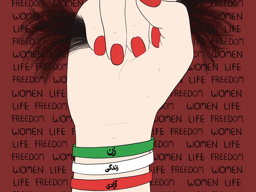 Women Life Freedom Revolution (2022) van de Iraanse illustrator Roshi Rouzbehani. Zij woont sinds 2011 in het Verenigd Koninkrijk. Haar illustraties zijn onder andere gepubliceerd in The New Yorker, The Guardian en Die Zeit.