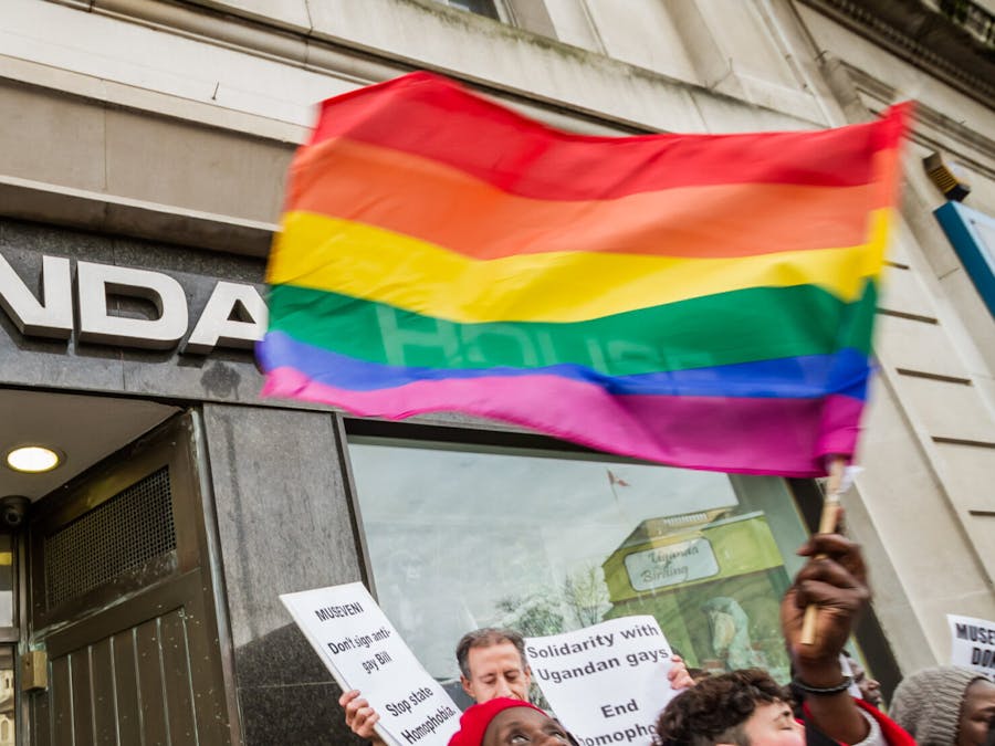 Voorstanders van homorechten/LGBTI demonstreren buiten de Oegandese ambassade in Londen als protest tegen het aannemen van de Anti-Homoseksualiteitswet door het Oegandese parlement op 20 december 2013.