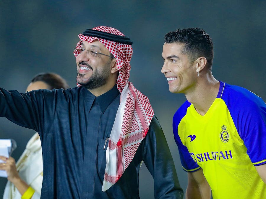 Voetballer Cristiano Ronaldo wordt gepresenteerd bij zij nieuwe club Al Nassr in Saudi-Arabië