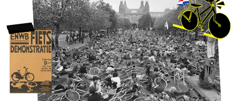 1977, Museumplein. Zo'n 10.000 fietsers zich verzamelden. Liggend op de grond vroegen ze aandacht voor het aantal verkeersslachtoffers van dat jaar.