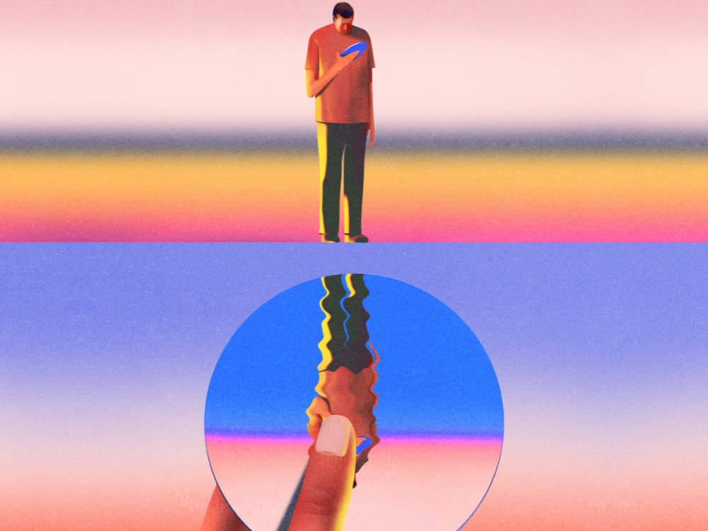 Illustratie van een iemand die een spiegel vasthoudt en daarin een omgekeerde en geblurde versie van zichzelf ziet. Tekst erbij: De doodstraf wordt gebruikt als politiek middel. In sommige landen gebruiken de autoriteiten de doodstraf om politieke tegenstanders uit te schakelen.