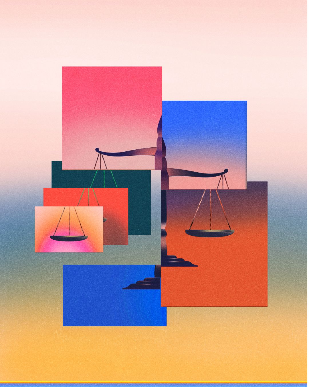 Illustratie van verschillende vlakken met daarop iemand die weegschalen vasthoudt. Tekst erbij: Niet alle landen hebben een eerlijk rechtssysteem. Sommige rechtbanken hebben geen moeite met bewijsmateriaal dat verkregen is na marteling.