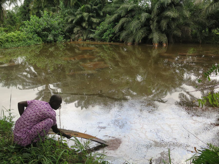 Jaren na olielek vervuilt olie nog steeds het water in de Nigerdelta, Nigeria.