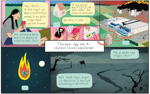 Therapie-app met AI chatbot steeds populairder (cartoon door Menah Wellen voor Wordt Vervolgd)