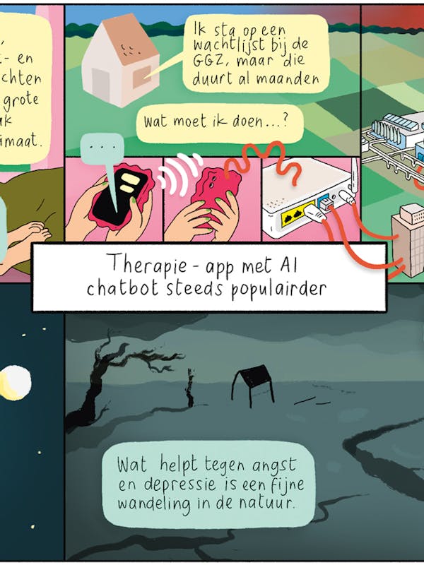 Therapie-app met AI chatbot steeds populairder (cartoon door Menah Wellen voor Wordt Vervolgd)