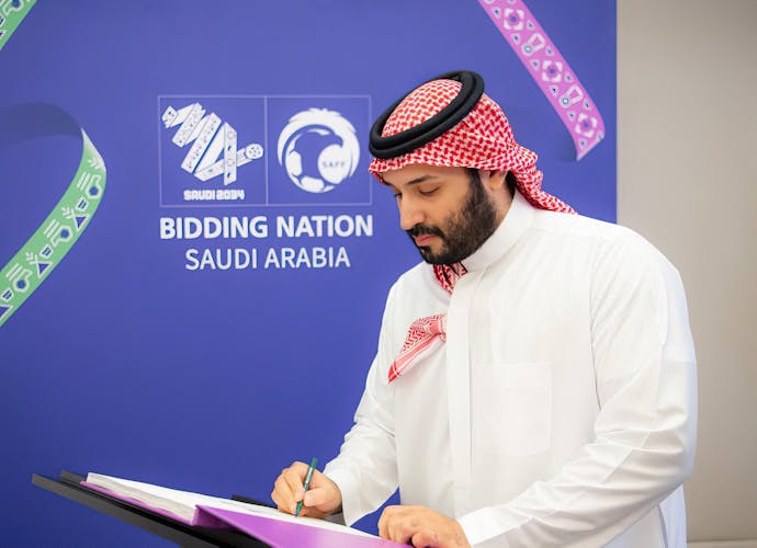 De Saoedische kroonprins Mohammed bin Salman steunt het bod van zijn land om de FIFA World Cup 2034 te organiseren. Jeddah, Saudi-Arabië, op 29 juli 2024.