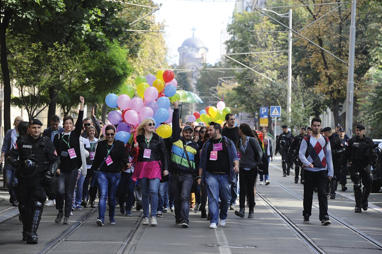 Belgrade Pride moet elk jaar knokken om de juiste vergunningen te krijgen. Ook dit jaar is de organisatie bang dat de Pride verboden wordt. © Vesna LalicÌ/Belgrade Pride