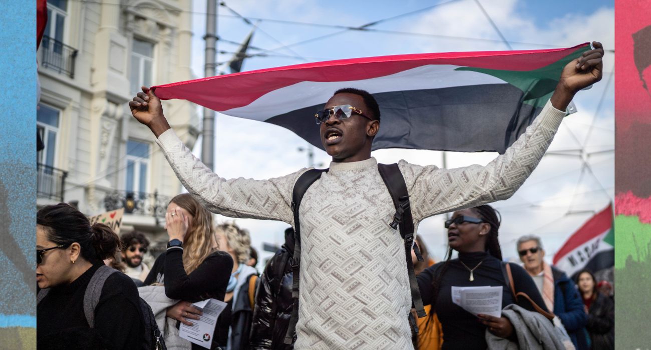 Protesters at Amsterdam Central Station, Netherlands, on November 8, 2025 protest against the massacre in Sudan. (Photo by Oscar Brak/NurPhoto via Getty Images)
